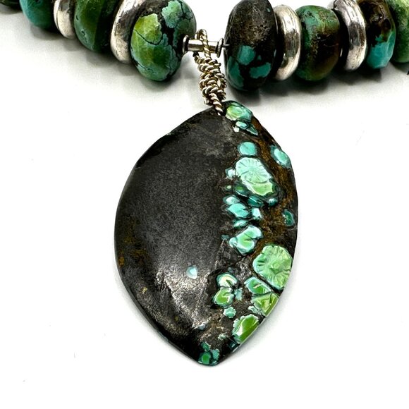 Vintage Sterling Silver & Turquoise Rondelle Necklace with Matrix Pendant — EUC - Picture 10 of 12